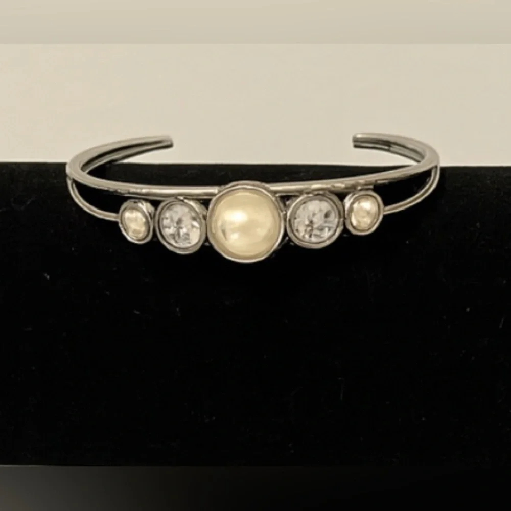Vintage Y2K Silver Tone White Pearly Rhinestone Wide Statement Bangle Bracelet